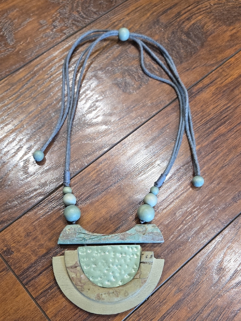 Statement Geometric Layered Pendant Necklace in Mint Green and Taupe
